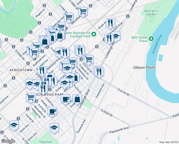 map of restaurants, bars, coffee shops, grocery stores, and more near 2610 South 61st Street in Philadelphia