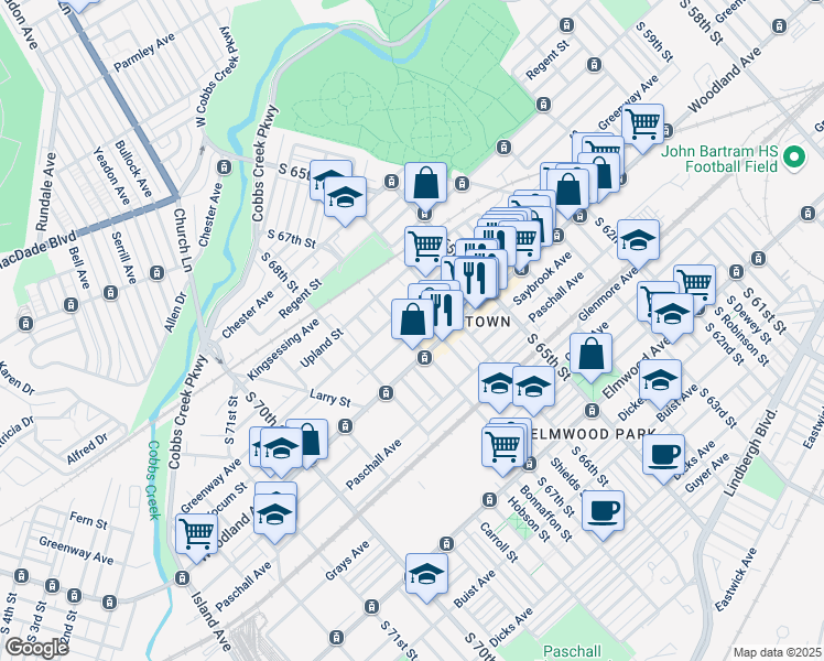 map of restaurants, bars, coffee shops, grocery stores, and more near 2127 South 67th Street in Philadelphia