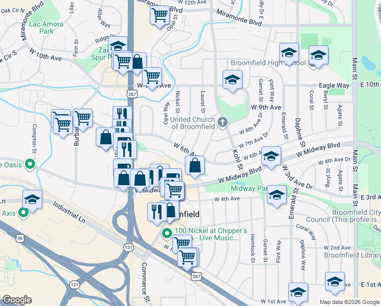 map of restaurants, bars, coffee shops, grocery stores, and more near West 6th Avenue in Broomfield