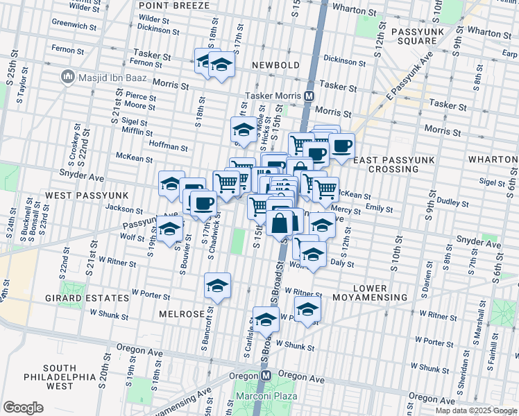 map of restaurants, bars, coffee shops, grocery stores, and more near 2121 South Carlisle Street in Philadelphia