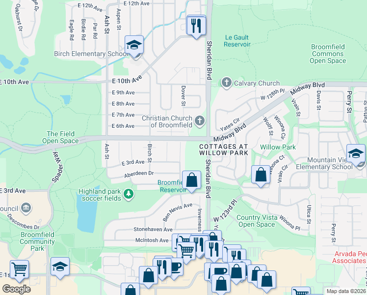 map of restaurants, bars, coffee shops, grocery stores, and more near 350 Dover Court in Broomfield