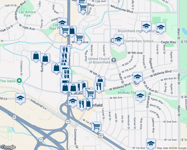 map of restaurants, bars, coffee shops, grocery stores, and more near 42 Garden Center in Broomfield
