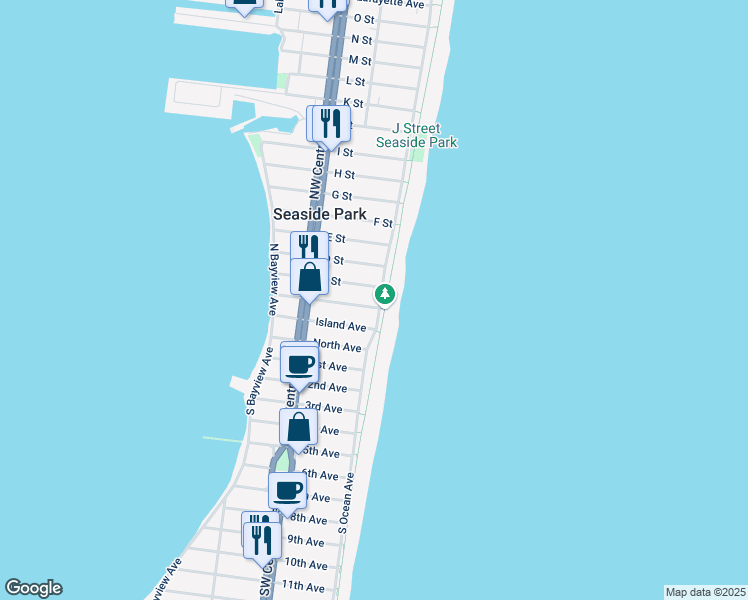 map of restaurants, bars, coffee shops, grocery stores, and more near Brighton Avenue in Seaside Park
