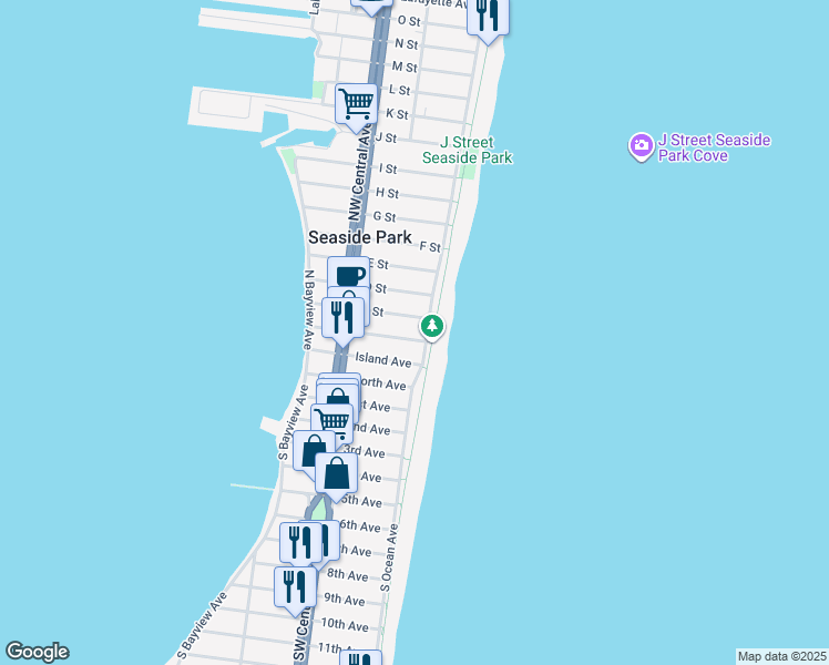 map of restaurants, bars, coffee shops, grocery stores, and more near 16 Island Avenue in Seaside Park