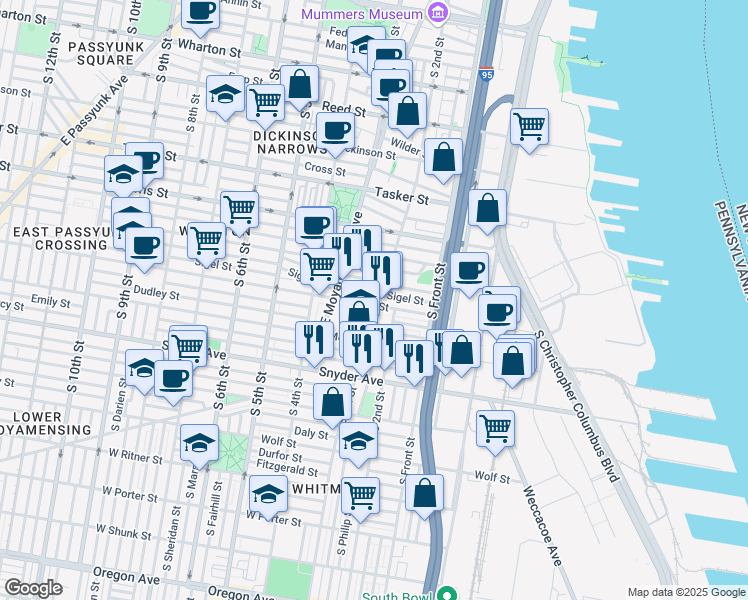 map of restaurants, bars, coffee shops, grocery stores, and more near 1911 South 3rd Street in Philadelphia