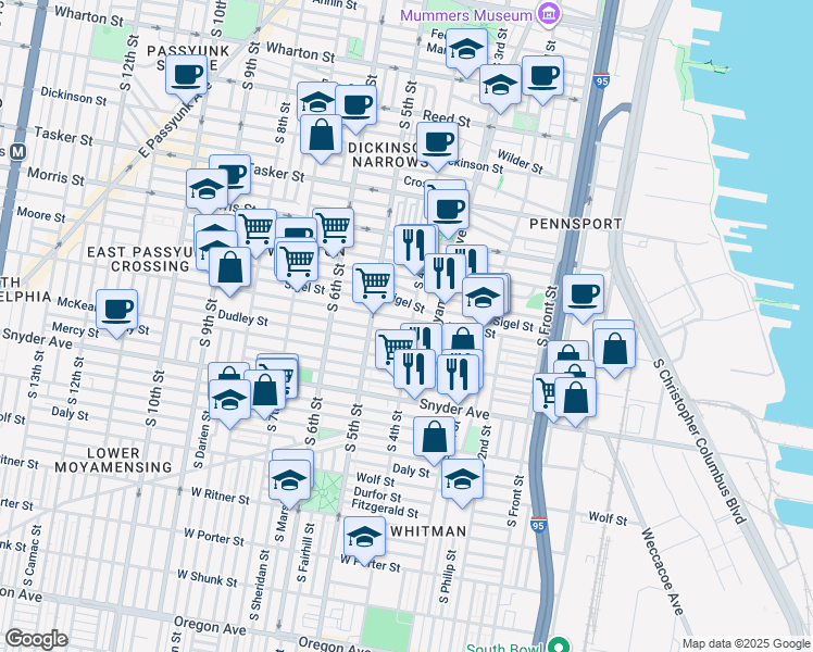 map of restaurants, bars, coffee shops, grocery stores, and more near 308 Mifflin Street in Philadelphia