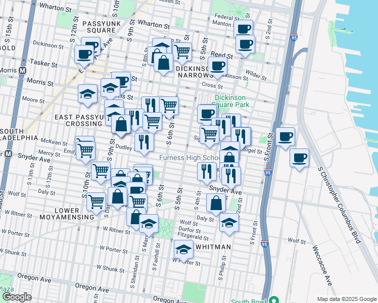 map of restaurants, bars, coffee shops, grocery stores, and more near 1927 South 5th Street in Philadelphia