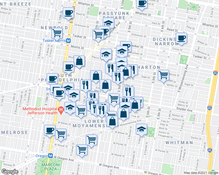 map of restaurants, bars, coffee shops, grocery stores, and more near in Philadelphia