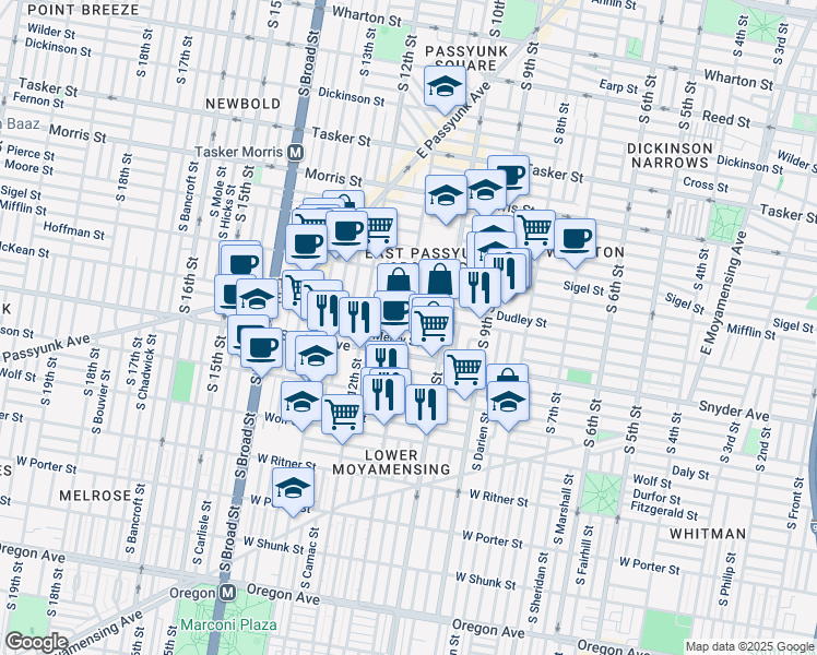 map of restaurants, bars, coffee shops, grocery stores, and more near 1018 Mercy Street in Philadelphia