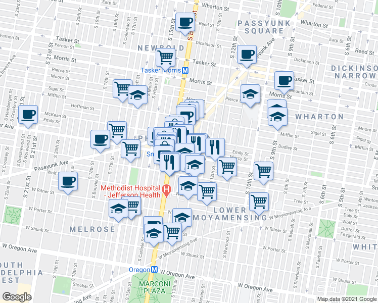 map of restaurants, bars, coffee shops, grocery stores, and more near 1311 East Snyder Avenue in Philadelphia