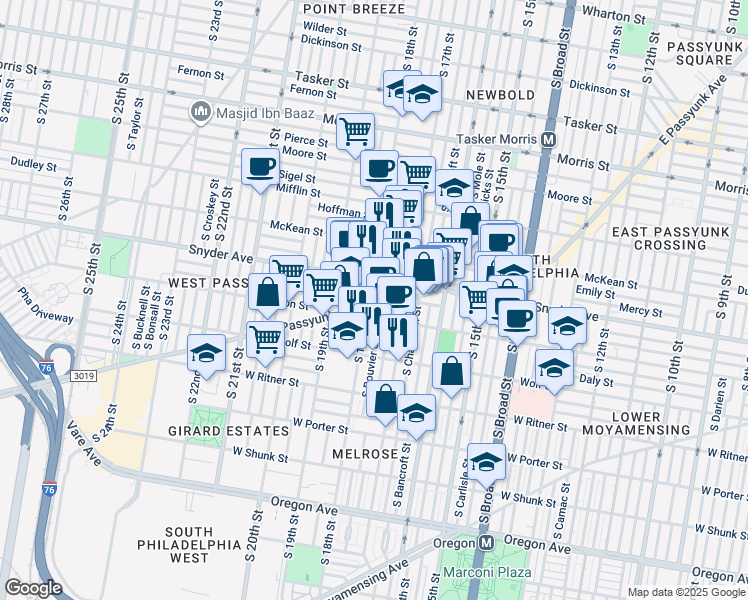 map of restaurants, bars, coffee shops, grocery stores, and more near 1719 Jackson Street in Philadelphia