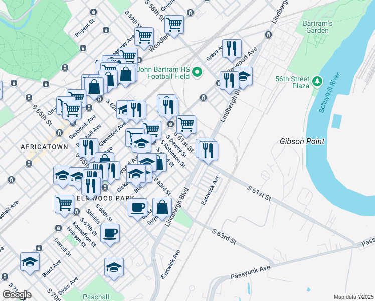 map of restaurants, bars, coffee shops, grocery stores, and more near 2610 South 61st Street in Philadelphia