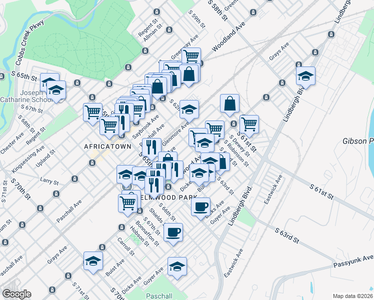 map of restaurants, bars, coffee shops, grocery stores, and more near 6344 Wheeler Street in Philadelphia