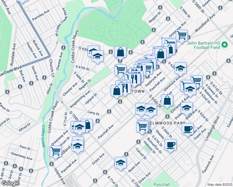 map of restaurants, bars, coffee shops, grocery stores, and more near 2127 South 67th Street in Philadelphia
