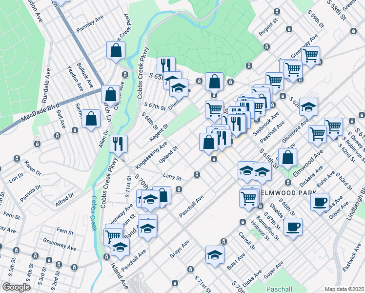 map of restaurants, bars, coffee shops, grocery stores, and more near 2038 South 68th Street in Philadelphia
