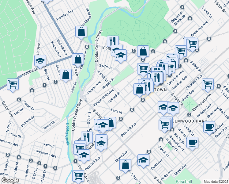 map of restaurants, bars, coffee shops, grocery stores, and more near 6839 Upland Street in Philadelphia