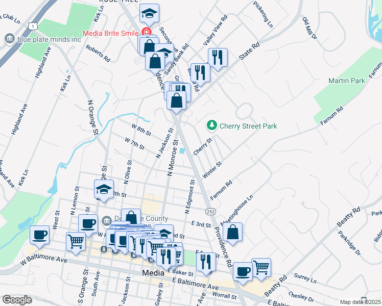 map of restaurants, bars, coffee shops, grocery stores, and more near 711 North Providence Road in Media