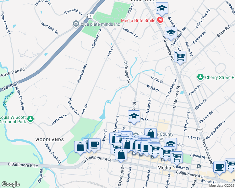 map of restaurants, bars, coffee shops, grocery stores, and more near 510 North Lemon Street in Media
