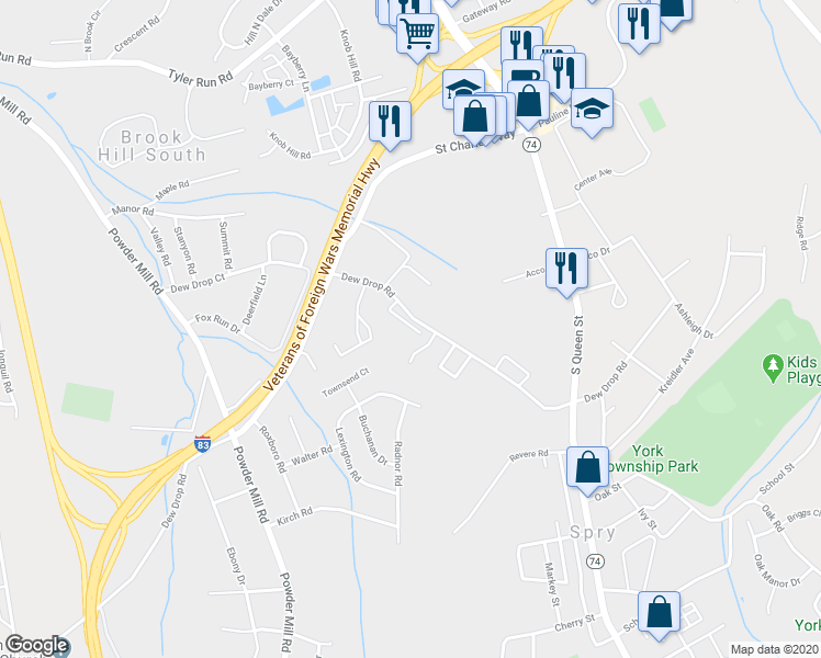 map of restaurants, bars, coffee shops, grocery stores, and more near 2305 Daisy Road in York