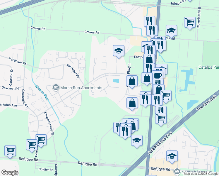 map of restaurants, bars, coffee shops, grocery stores, and more near 2469 Kimberly Parkway North in Columbus