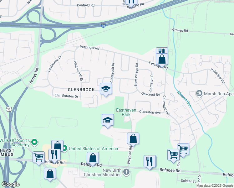 map of restaurants, bars, coffee shops, grocery stores, and more near 3293 Kenaston Drive in Columbus