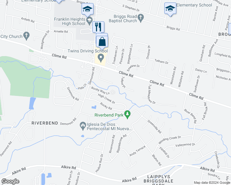 map of restaurants, bars, coffee shops, grocery stores, and more near 3516 High Creek Drive in Columbus