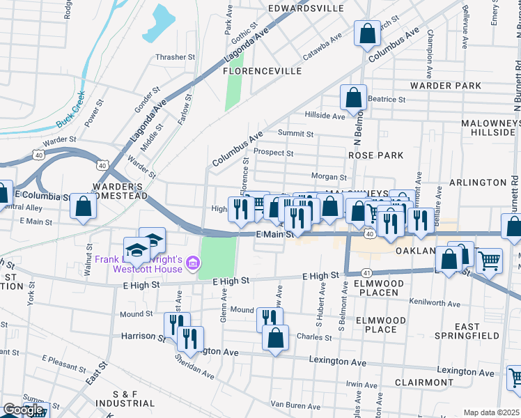map of restaurants, bars, coffee shops, grocery stores, and more near 1567 Highland Avenue in Springfield
