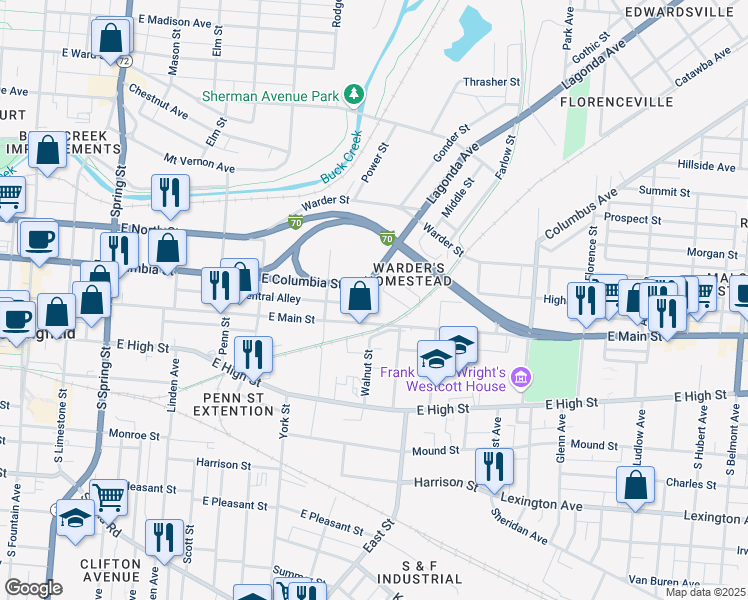 map of restaurants, bars, coffee shops, grocery stores, and more near 832 East Main Street in Springfield