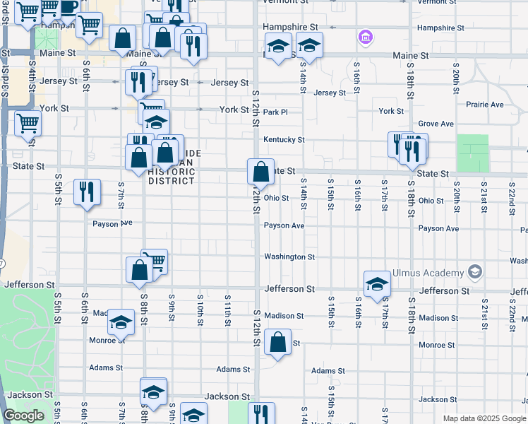 map of restaurants, bars, coffee shops, grocery stores, and more near 600-698 S 12th St in Quincy