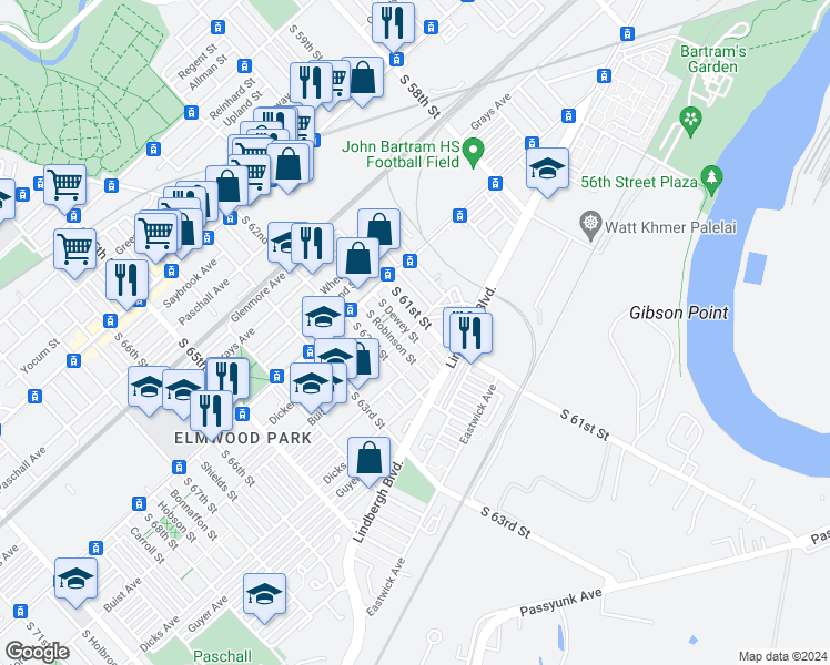 map of restaurants, bars, coffee shops, grocery stores, and more near 2603 South Dewey Street in Philadelphia