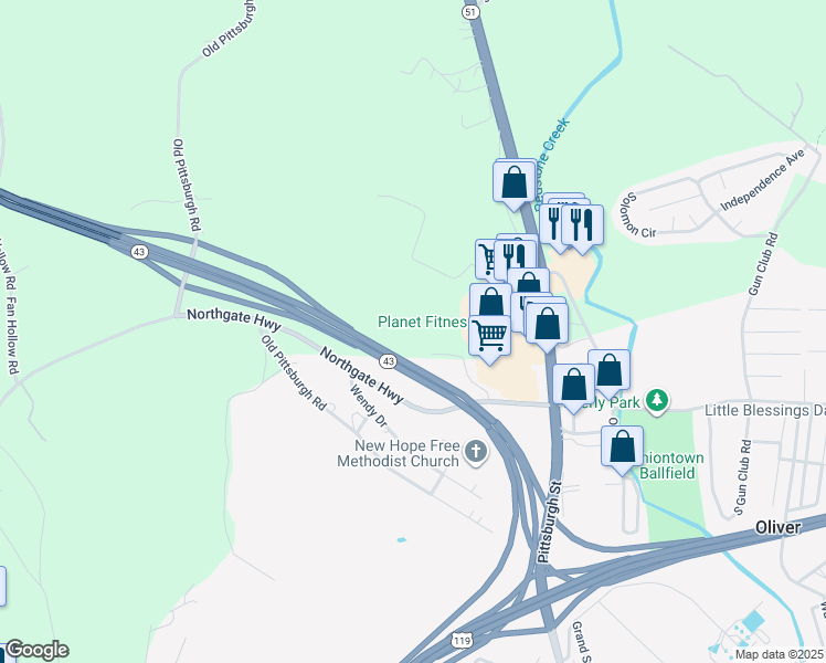 map of restaurants, bars, coffee shops, grocery stores, and more near 112 Confer Vista Drive in Uniontown