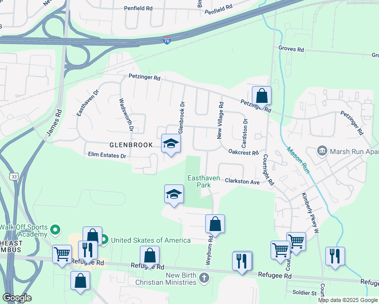 map of restaurants, bars, coffee shops, grocery stores, and more near 3293 Kenaston Drive in Columbus