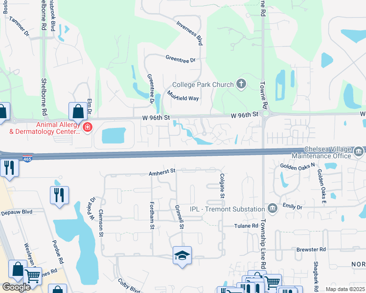 map of restaurants, bars, coffee shops, grocery stores, and more near 2755 Lakeshire Lane in Indianapolis