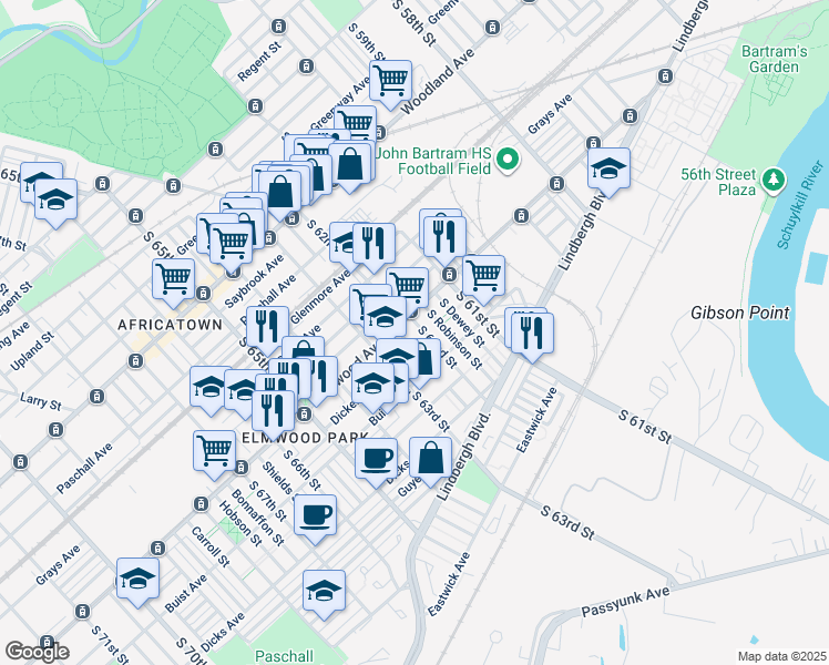 map of restaurants, bars, coffee shops, grocery stores, and more near 2514 South 62nd Street in Philadelphia