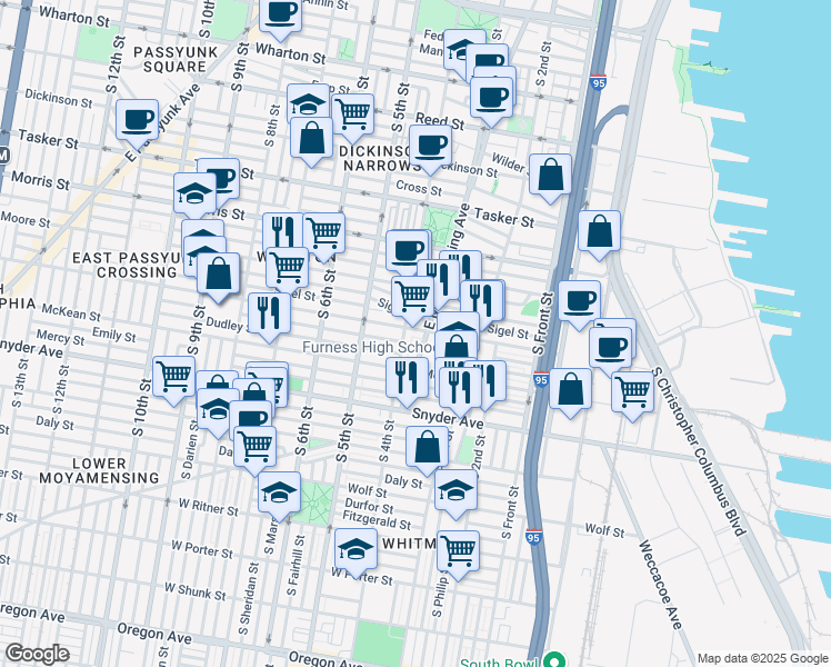 map of restaurants, bars, coffee shops, grocery stores, and more near 308 Mifflin Street in Philadelphia
