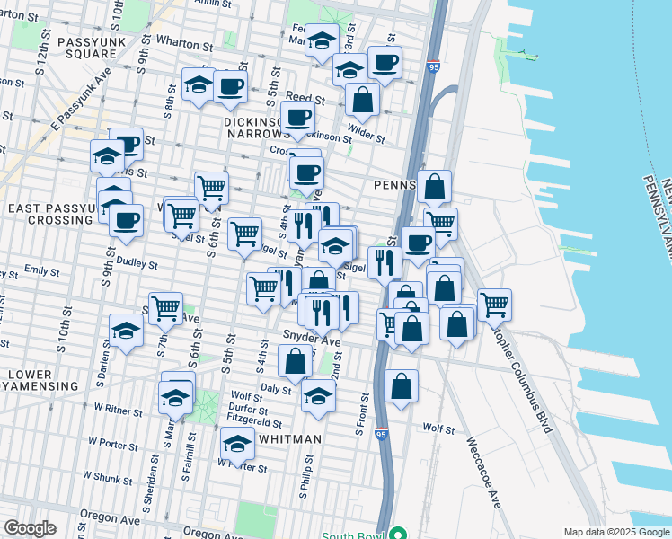 map of restaurants, bars, coffee shops, grocery stores, and more near 1836 South 2nd Street in Philadelphia