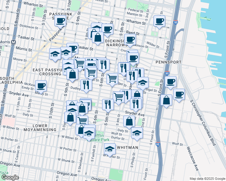 map of restaurants, bars, coffee shops, grocery stores, and more near 1927 South 5th Street in Philadelphia