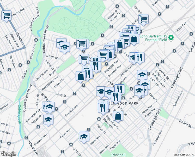 map of restaurants, bars, coffee shops, grocery stores, and more near 6530 Saybrook Avenue in Philadelphia