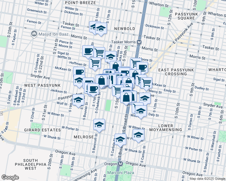 map of restaurants, bars, coffee shops, grocery stores, and more near 1520 Snyder Avenue in Philadelphia