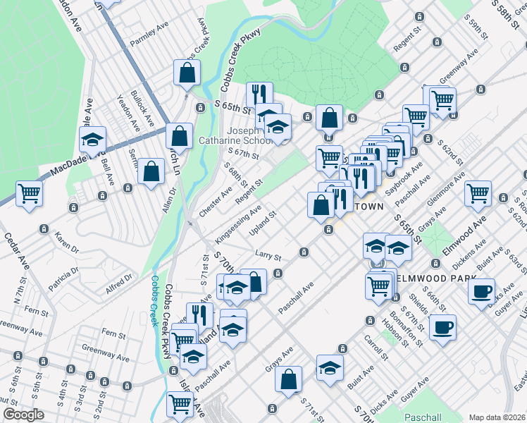 map of restaurants, bars, coffee shops, grocery stores, and more near 6839 Upland Street in Philadelphia