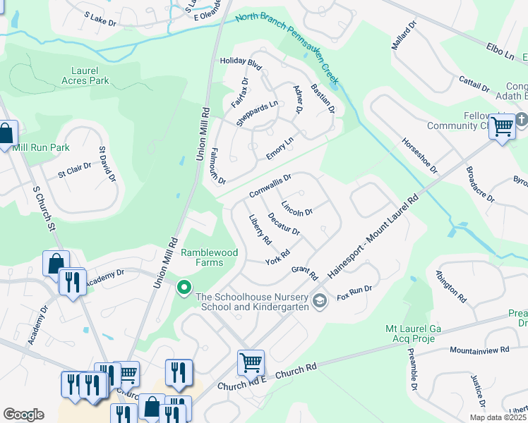 map of restaurants, bars, coffee shops, grocery stores, and more near 722 Decatur Drive in Mount Laurel