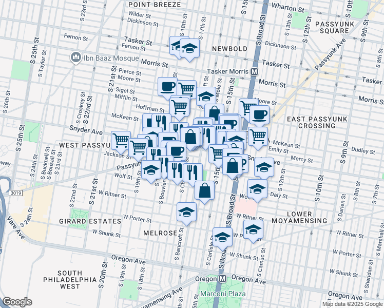 map of restaurants, bars, coffee shops, grocery stores, and more near 2137 South Chadwick Street in Philadelphia