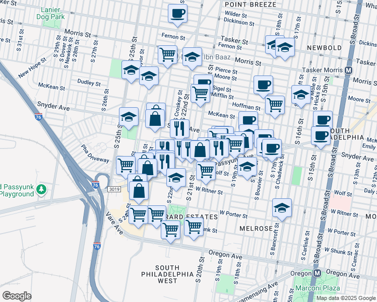 map of restaurants, bars, coffee shops, grocery stores, and more near 2204 South Norwood Street in Philadelphia