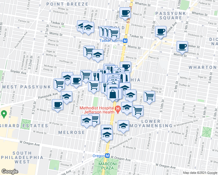 map of restaurants, bars, coffee shops, grocery stores, and more near 2000 South Carlisle Street in Philadelphia