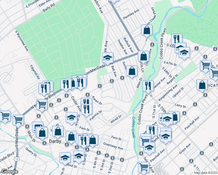 map of restaurants, bars, coffee shops, grocery stores, and more near 1009 Baird Avenue in Yeadon