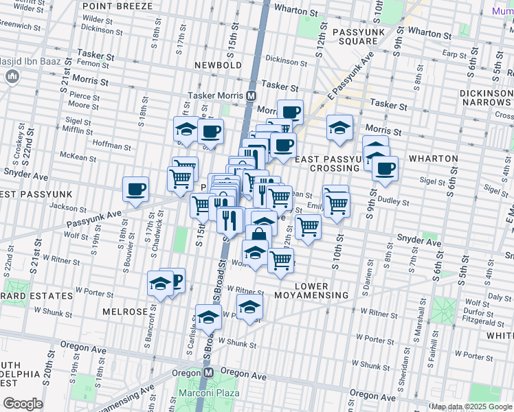 map of restaurants, bars, coffee shops, grocery stores, and more near 2033 South Juniper Street in Philadelphia