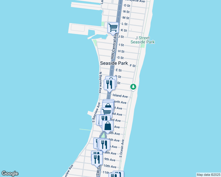 map of restaurants, bars, coffee shops, grocery stores, and more near Brighton Avenue in Seaside Park