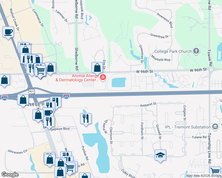 map of restaurants, bars, coffee shops, grocery stores, and more near 3228 Sandpiper South Drive in Indianapolis