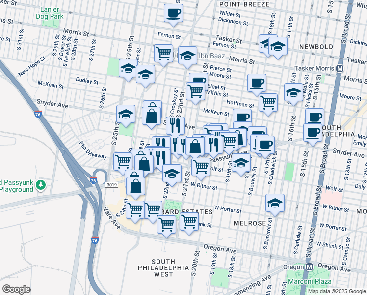 map of restaurants, bars, coffee shops, grocery stores, and more near 2204 South Norwood Street in Philadelphia
