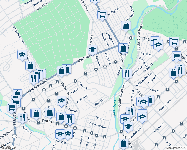 map of restaurants, bars, coffee shops, grocery stores, and more near 1009 Baird Avenue in Yeadon